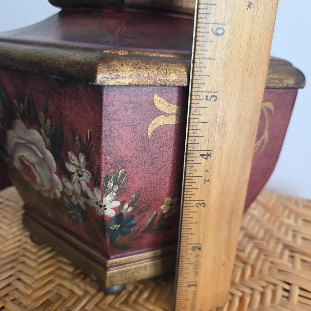 Vtg Toleware Set Footed Planter Lidded Box Burgundy Red Floral Handpainted